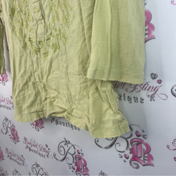 Long sleeve shirt Embroidered Green Top floral flowers paisley button down - Picture 5 of 11